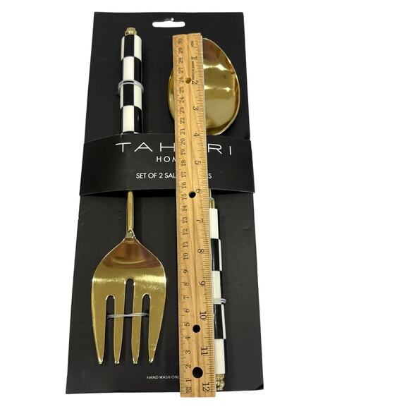 Tahari Salad Serving Spoon Fork Set of 2 Black & White Checkered Gold Glam New - Picture 6 of 7